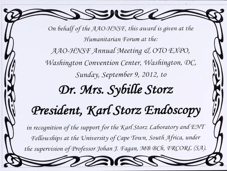 Sybill Storz's social commitment to promoting access to medical care is honored with the Humanitarian Award of the American Academy of Otolaryngology – Head and Neck Surgery.