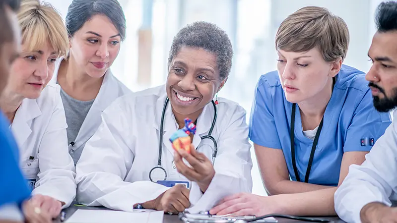 Doctors and medical staff discussing a heart model during a meeting.