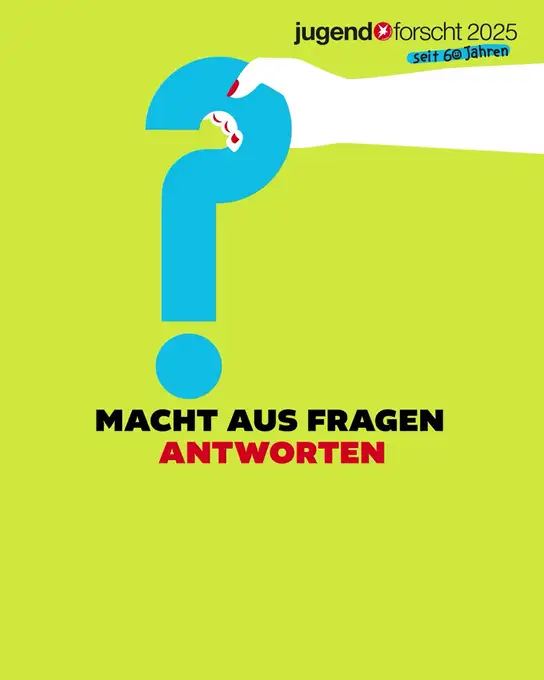 Weiße Hand hält ein blaues Fragezeichen, darunter der Slogan Macht aus Fragen Antworten.
