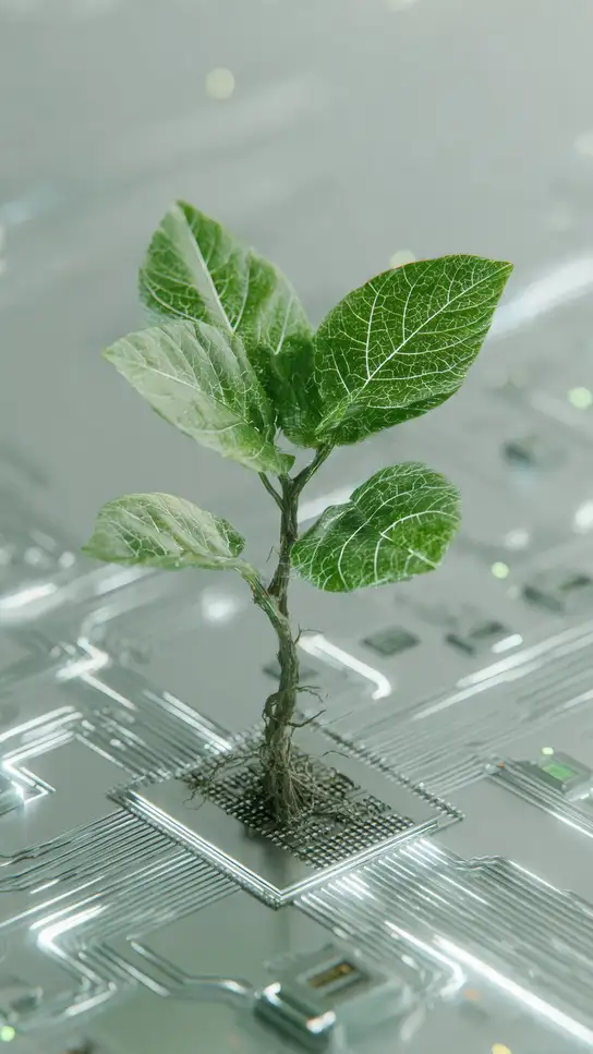 Small green plant growing out of a computer chip, symbolizing technology and nature integration.