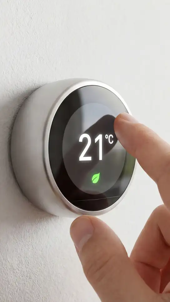 Finger adjusting a smart thermostat set to 21 degrees Celsius on a touchscreen device.