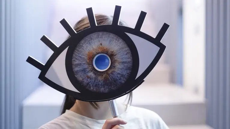Person hält eine große Pappmaske mit einem Auge vor das Gesicht.