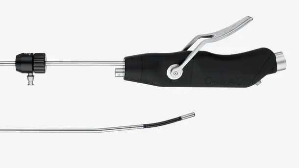 Flexible video intubation endoscope with ergonomic black handle and curved insertion tube.