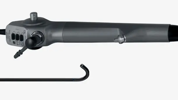 Close-up of a flexible endoscope with control handle and bending insertion tube.