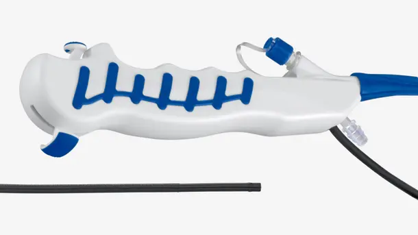 White and blue endoscope handle with control buttons and flexible black insertion tube.