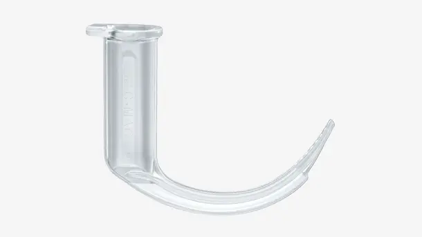 Transparent laryngoscope blade used for airway management in medical procedures.