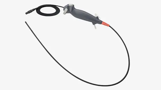 Flexible medical endoscope with ergonomic handle and long insertion tube.