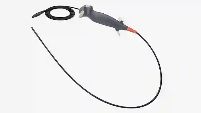 Flexible medical endoscope with ergonomic handle and long insertion tube.