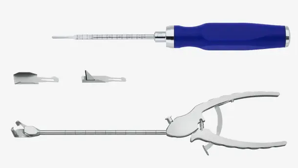 Set of precision surgical instruments with a blue handled screwdriver, forceps, and interchangeable metal tips.