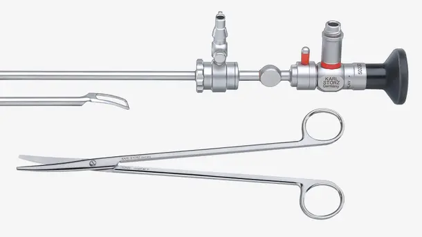 Rigid endoscope and surgical scissors for medical procedures.