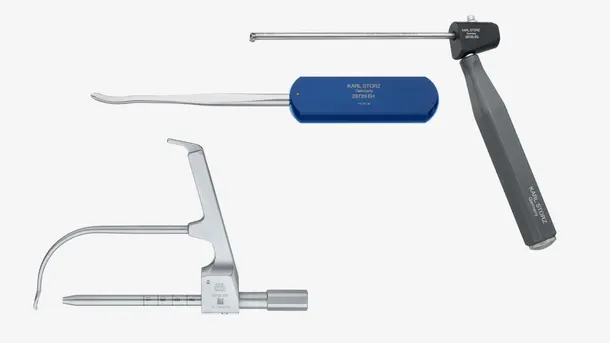 Three specialized Karl Storz surgical instruments arranged on a plain background.