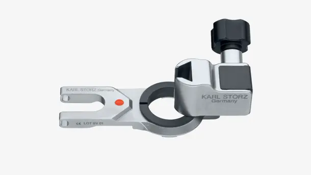 Karl Storz endoscope holder with adjustable clamp for medical instruments.