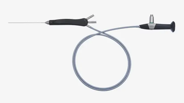 Flexible medical endoscope with a long insertion tube and ergonomic control handle.