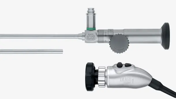 Close-up of a Karl Storz medical endoscope and camera system for minimally invasive surgery.