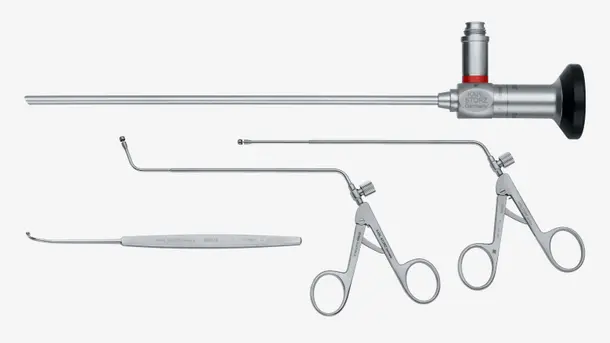 Set of rigid surgical endoscopy instruments including forceps and endoscope for minimally invasive procedures.