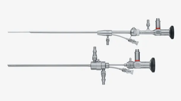 Two stainless steel endoscopes with eyepieces and valves, used for minimally invasive medical procedures.