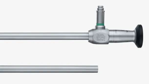Surgical endoscope by Karl Storz with a metal shaft and eyepiece.