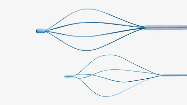 Two blue medical stone retrieval baskets with wire designs, positioned horizontally side by side.