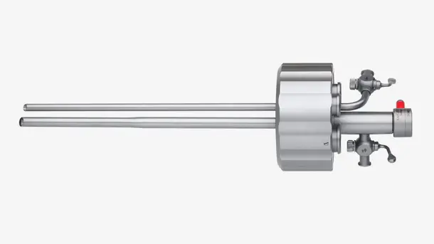 Stainless steel medical endoscope with dual long tubes and control valves.