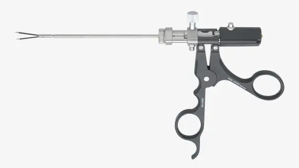 Laparoscopic surgical instrument with scissor-like handle and long, thin shaft ending in pointed jaws.