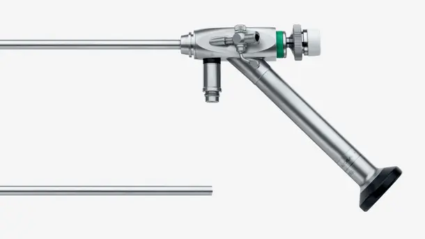 A rigid surgical endoscope instrument with a metal shaft and eyepiece.