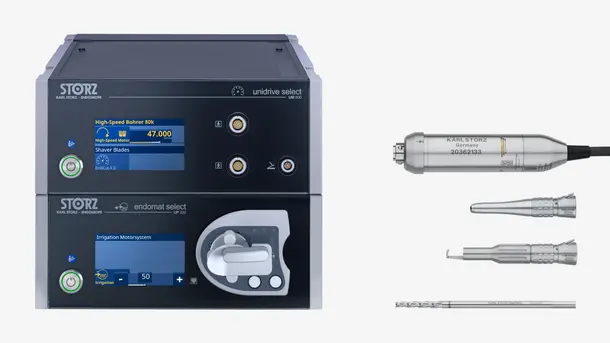 Medical endoscopy motor system with handpiece and surgical drill accessories.