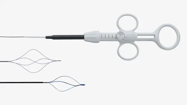Medical retrieval device with wire loops and syringe-style handle.