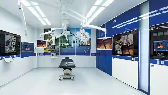 Modern surgical operating room with advanced medical monitors, equipment, and an empty operating table.