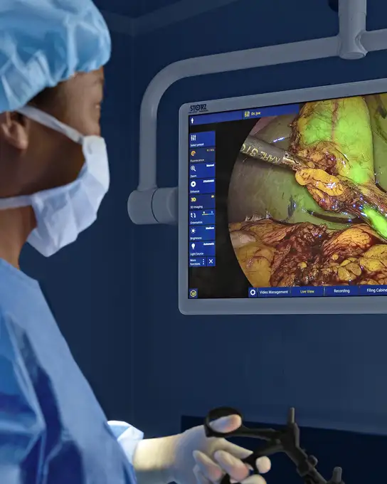 Surgeon performing minimally invasive surgery while viewing a live endoscopic image on a monitor.