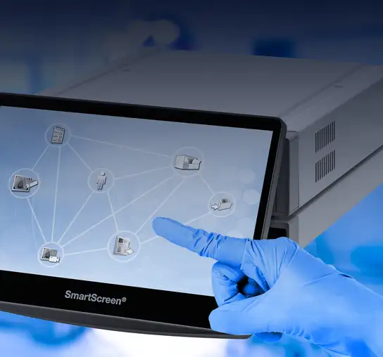 Gloved hand interacting with a smart touchscreen displaying connected icons on a digital interface.
