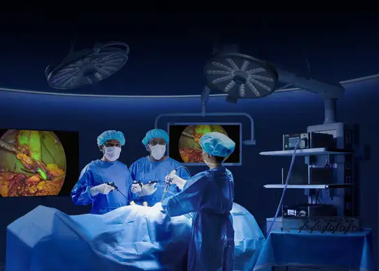 Surgeons performing a laparoscopic surgery with monitors displaying live images from inside the patient.