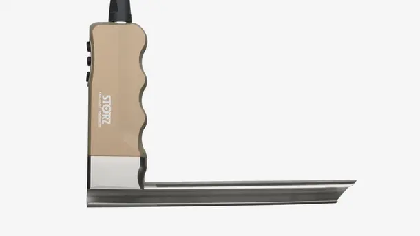 Storz rigid laryngoscope with ergonomic handle and stainless-steel blade.