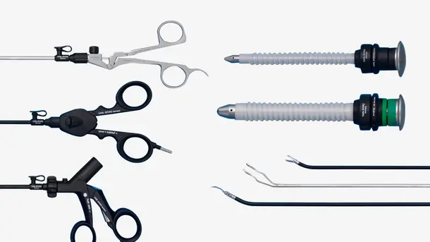 Various minimally invasive surgical instruments and endoscopic tools arranged side by side.