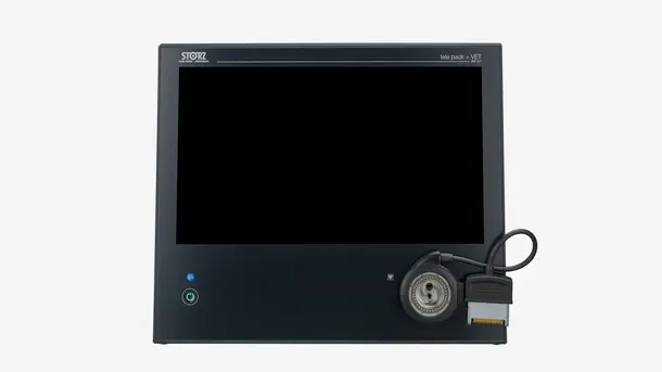 Veterinary endoscopy monitor with attachment cable displayed from the front.