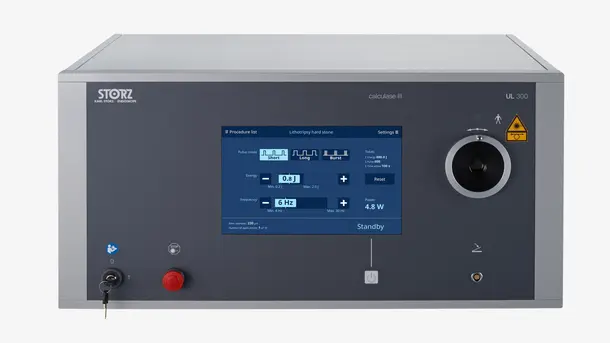 Front view of Karl Storz Calcuslase III medical laser lithotripsy device with display screen.