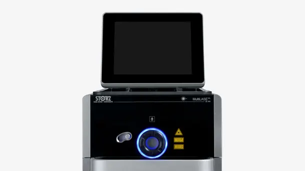 Medical laser device with touchscreen display and control panel.