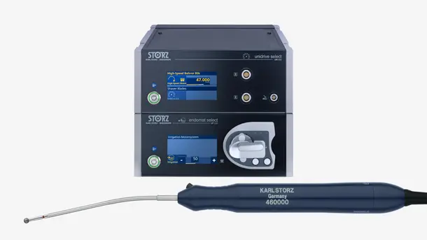 Endoscopic surgical system with control units and a Karl Storz handpiece for medical procedures.