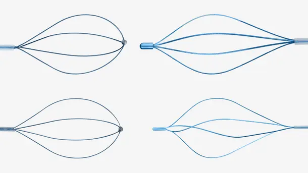 Four blue medical retrieval baskets with different wire shapes on a white background.