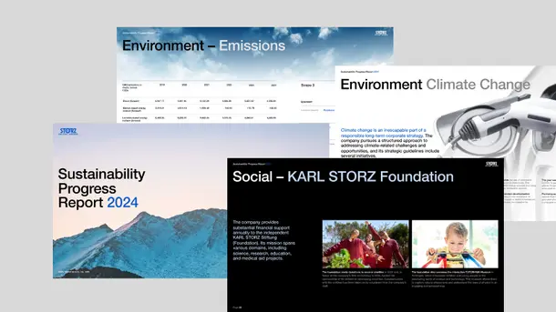 Collage of pages from the KARL STORZ 2024 Sustainability Progress Report highlighting environmental and social topics.