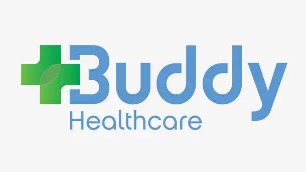 Buddy Healthcare logo with a green medical cross and blue text.