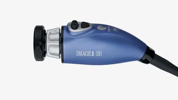 Blue medical endoscope handle with control buttons and attached cable.