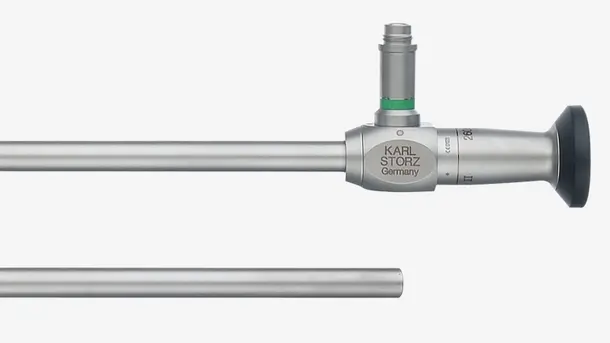 Medical endoscope with stainless steel body and eyepiece, labeled KARL STORZ Germany.
