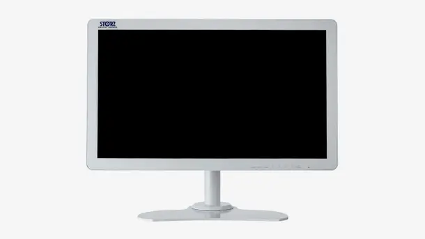 Front view of a Karl Storz medical monitor with a black screen.