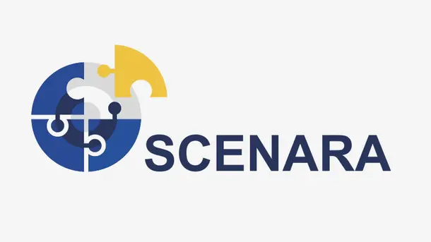 SCENARA logo with blue and yellow circular puzzle design.