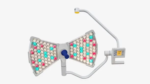 LED surgical light with dual panels and integrated control system.