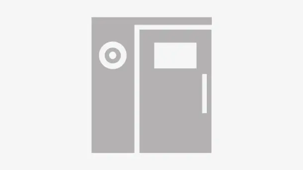 Simple vector icon of a door with a window and round peephole.