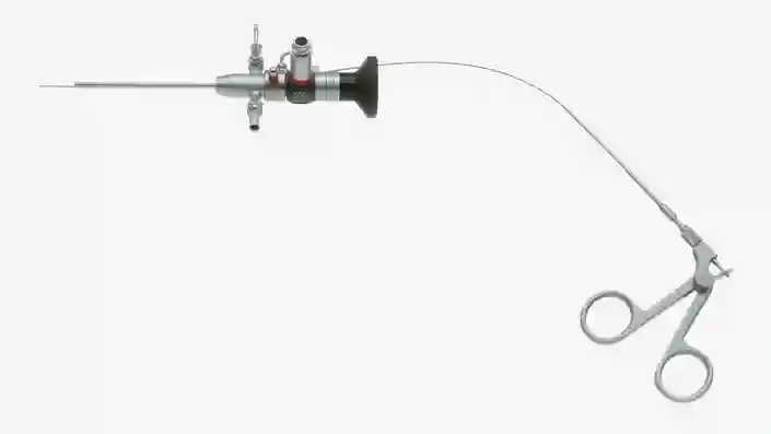 Arthroscopy surgical instrument with long probe and scissor-like handle on a white background.