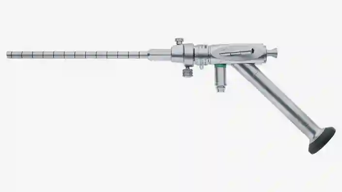 Medical endoscope instrument with a long insertion tube and ergonomic handle.