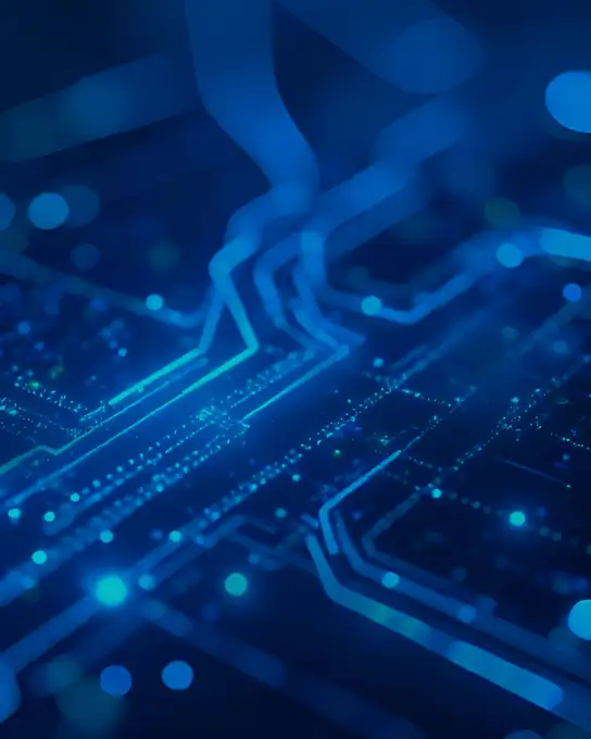 Close-up of a glowing blue electronic circuit board with intricate lines and components.