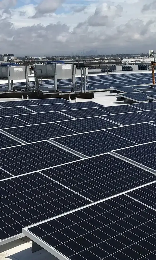 Rows of solar panels installed on a flat rooftop for renewable energy generation.